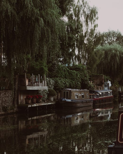 A serene riverside scene along the Regents Canal featuring lush green trees and overhanging weeping willows reflected in the calm water. Two narrowboats are moored close to each other, one painted in 