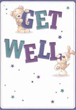 The animated design on this get well card overflows with warmth and optimism, channeling the heartfelt care of Haggerston's close-knit community. At center, an adorable teddy bear and an exuberant puppy spring to life, each wrapped around the large, confident "Get Well" letters painted in rich indigo and vibrant teal. These playful, rounded figures are brought to life with details that almost invite a soft touch-the bear's fluffy fur and the puppy's velvety ears rendered with a tenderness familiar to those who love sharing comfort, whether with flowers or friendly words. Scattered twinkling stars in purples and blues lend a gentle sparkle reminiscent of shop windows aglow on a cozy evening along Kingsland Road. The creamy white background highlights the freshness and clarity of the scene, mirroring the sense of renewal one gets from a newly delivered bouquet. The card's composition is like a caring embrace, offering emotional reassurance and hope-perfect for pairing with a fragrant arrangement delivered straight to a friend's door near Haggerston Park. Every brushstroke and colour choice brims with the same sincerity and light-hearted encouragement a local florist brings to each handcrafted creation, making this a truly uplifting gesture for anyone recovering nearby.